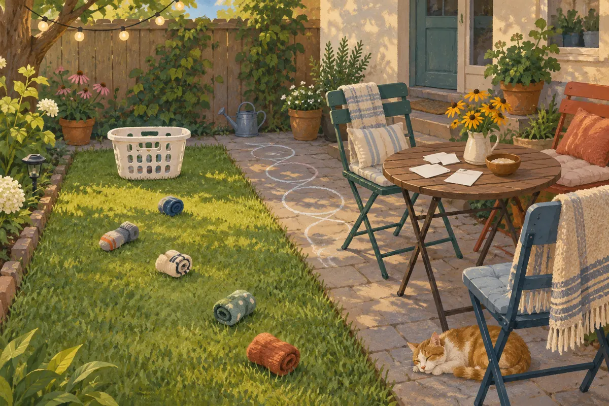 Illustration of three simple game stations arranged in a compact backyard.