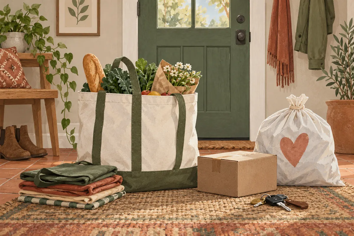 Illustration of an errands tote, reusable bags, a return parcel, a donation bag, and car keys beside a doorway.