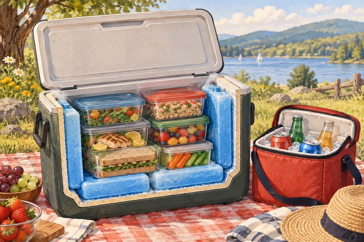 Illustrated picnic cooler with sealed food containers arranged above ice packs and a separate cooler for drinks.