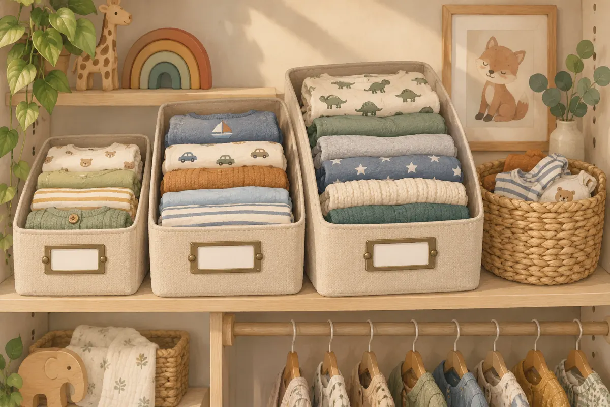 Illustration of children’s clothes sorted into storage containers beside an outgrown basket.