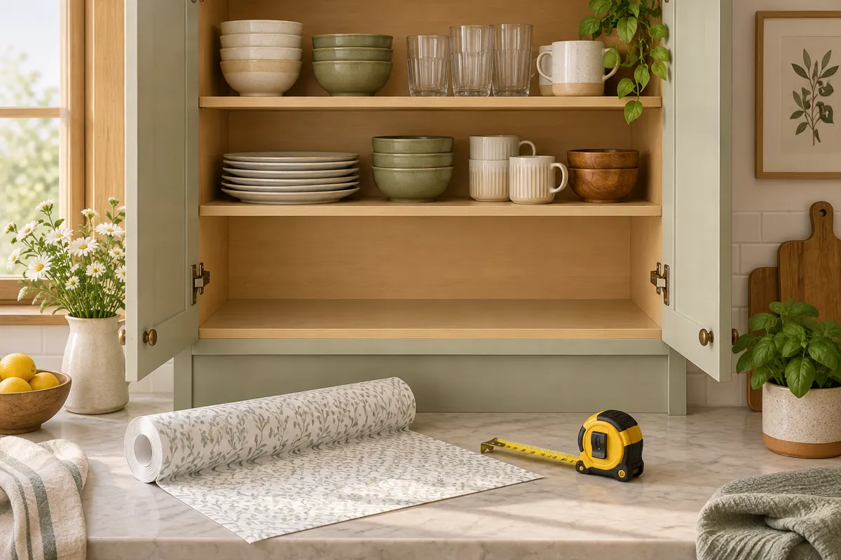 Illustration of a kitchen cabinet being refreshed with removable shelf liners and organized dishes.